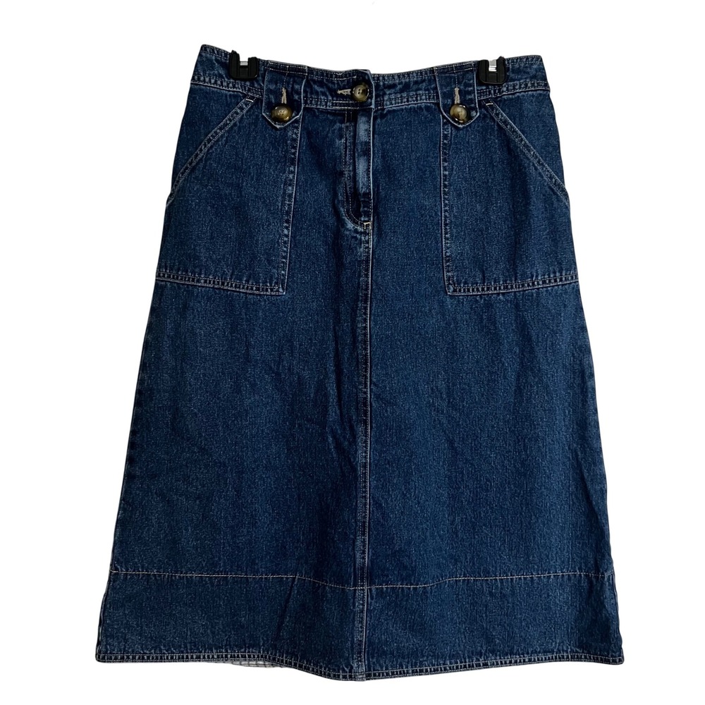 Kim Rogers Denim Midi Skirt Blue Cotton A-Line Button Pocket Size 10